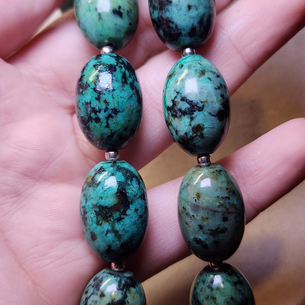 African Turquoise Jasper Necklace Oval Beaded Gemstone Sterling Silver Southwest - Picture 10 of 11